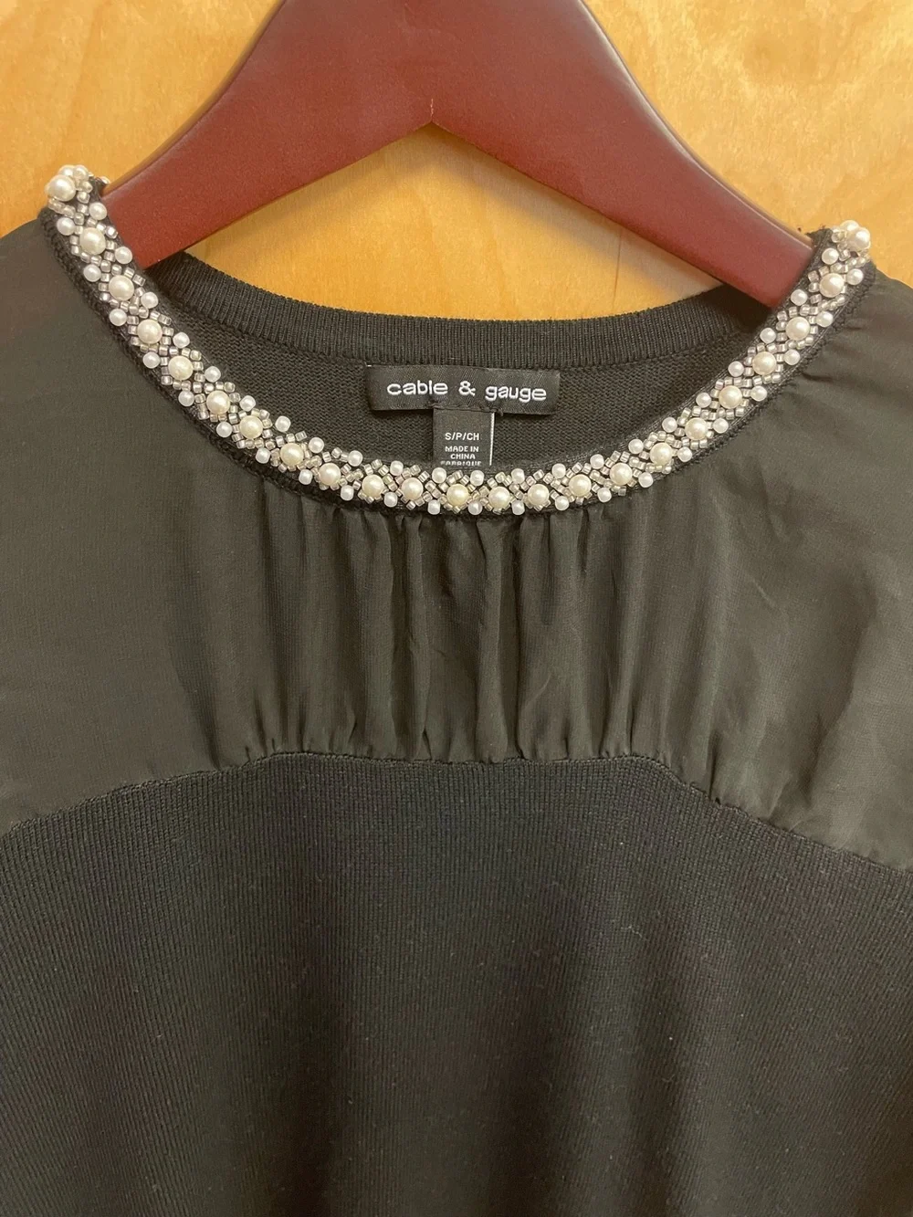Cable & Gauge Black Beaded Chiffon Yoke 3/4 Sleeve Sweater Small
